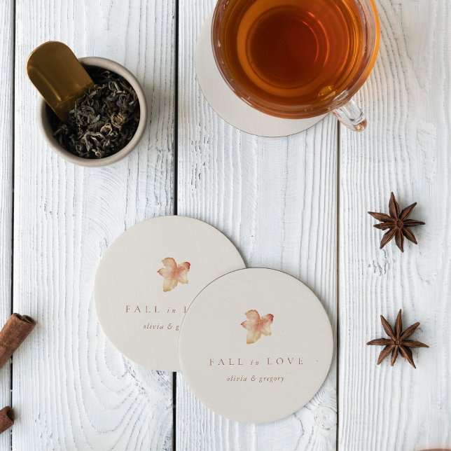 Minimalist Autumn Leaf "Fall in Love" Personalised Round Paper Coaster (Creator Uploaded)