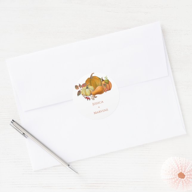 Minimalist Autumn pumpkin wedding  Classic Round Sticker (Envelope)