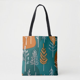 Minimalist autumn teal orange brown forest scene tote bag