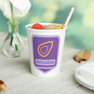 Minimalist Avocado Badge in Purple and Gold Paper Cups