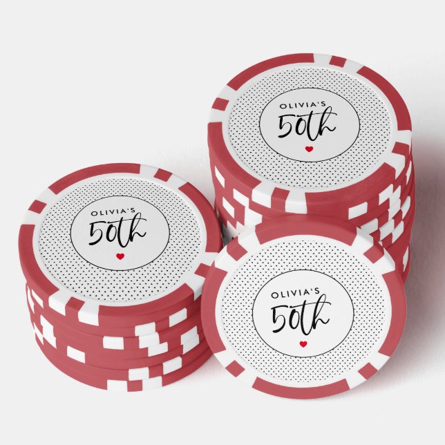 Minimalist B&W Geometric 50th Birthday Red Heart Poker Chips (Stack)