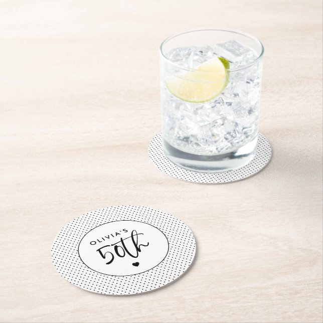 Minimalist B&W Geometric 50th Birthday Script Round Paper Coaster (Insitu)