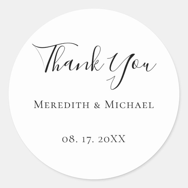 Minimalist B&W Personalised Dated Thank You Classic Round Sticker (Front)
