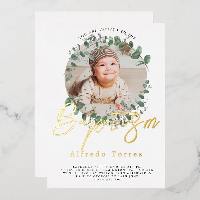 Minimalist Baby Baptism Invitation with Photo (Front/Back)