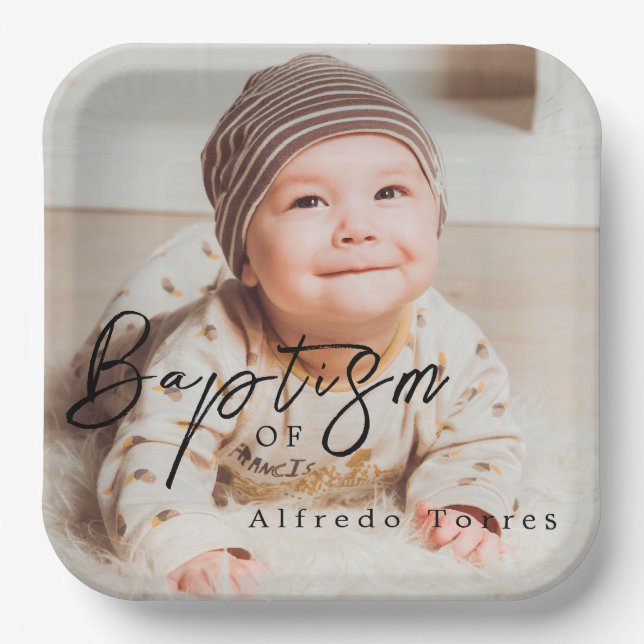 Minimalist Baby Baptism Invitation with Photo Paper Plate (Front)