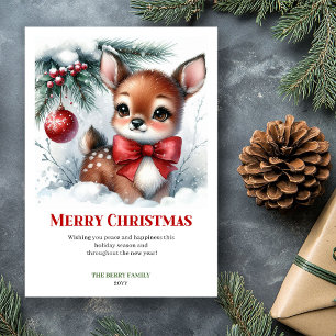 Minimalist Baby Deer Snowy Forest Watercolor Xmas Holiday Card