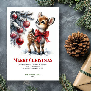 Minimalist Baby Deer Snowy Forest Watercolor Xmas Holiday Card