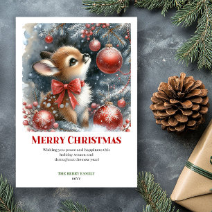 Minimalist Baby Fawn Snowy Forest Watercolor Xmas Holiday Card
