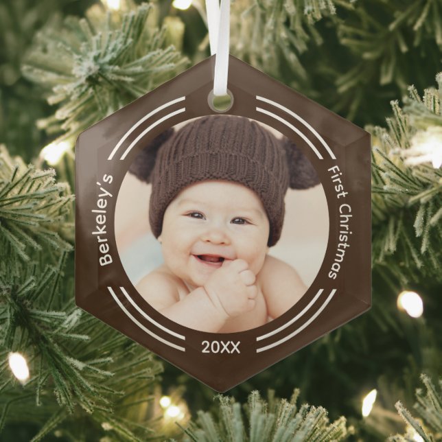 Minimalist Baby Photo Brown First Christmas Glass Tree Decoration (Insitu)