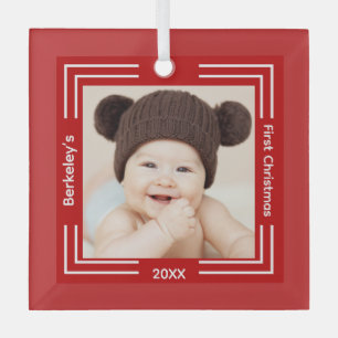 Minimalist Baby Photo Red 1st Christmas Glass Tree Decoration