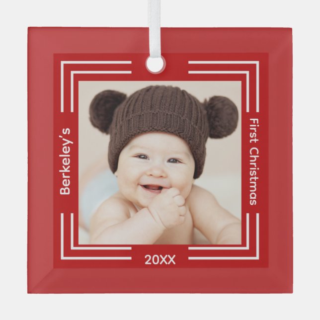 Minimalist Baby Photo Red 1st Christmas Glass Tree Decoration (Front)