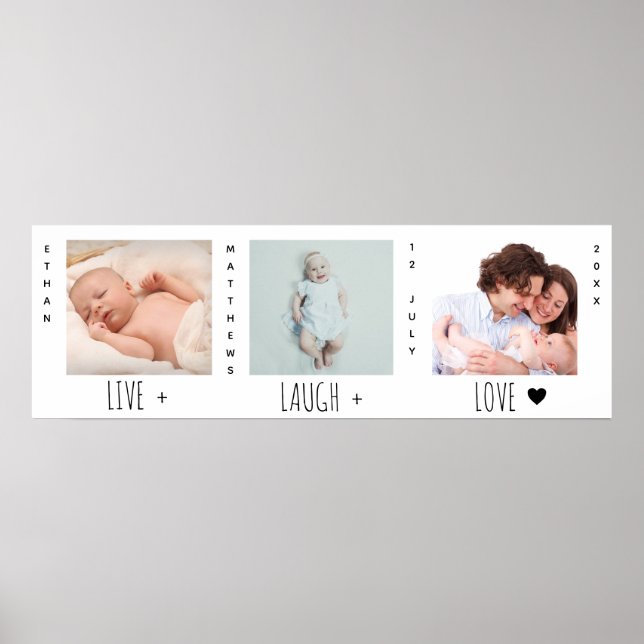 Minimalist Baby Photo Trio Birth Keepsake Poster (Front)