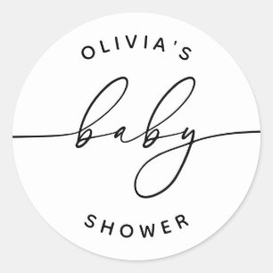 Minimalist Baby Shower. Black & White Script Favor Classic Round Sticker