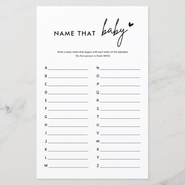 Minimalist Baby Shower Name That Baby Game (Front)
