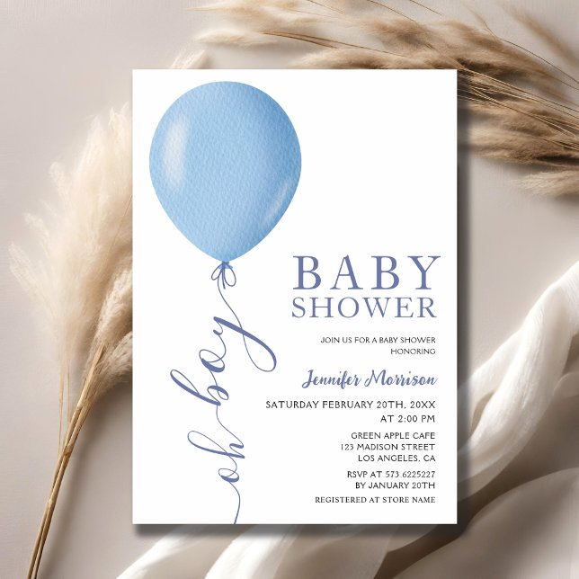 Minimalist Baby Shower Oh Boy Blue Balloon   Invitation (Creator Uploaded)