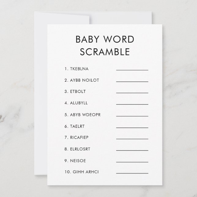Minimalist Baby Word Scramble Baby Shower Game Invitation (Front)