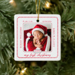Minimalist Babys First Christmas Birth Stats Photo Ceramic Ornament<br><div class="desc">Simple and minimalist two-sided rounded-edge square photo design (same photo both sides) "my first christmas" design with name and birth statistics.  All text and elements in red (colour can be modified).  Composite design by Holiday Hearts Designs.</div>