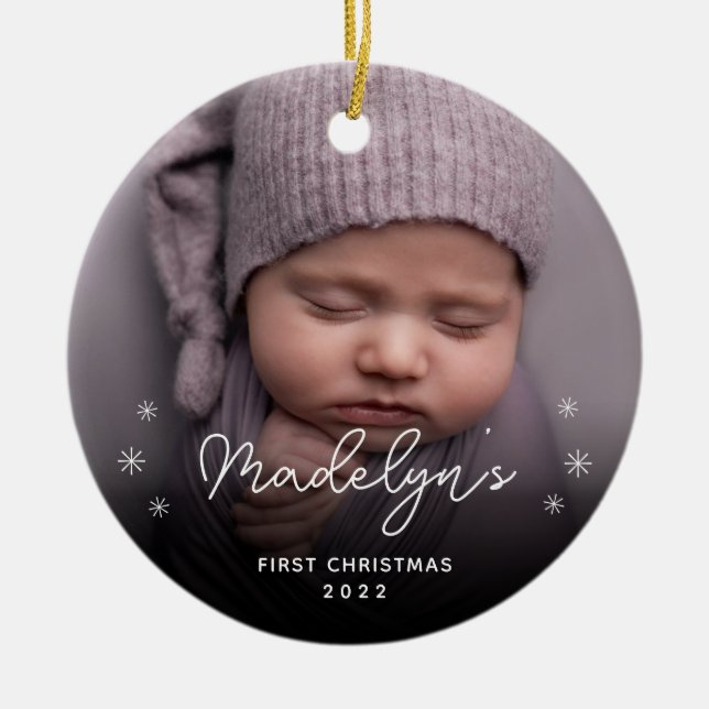 Minimalist Baby's First Christmas Photo  Glass Tree Decoration (Front)