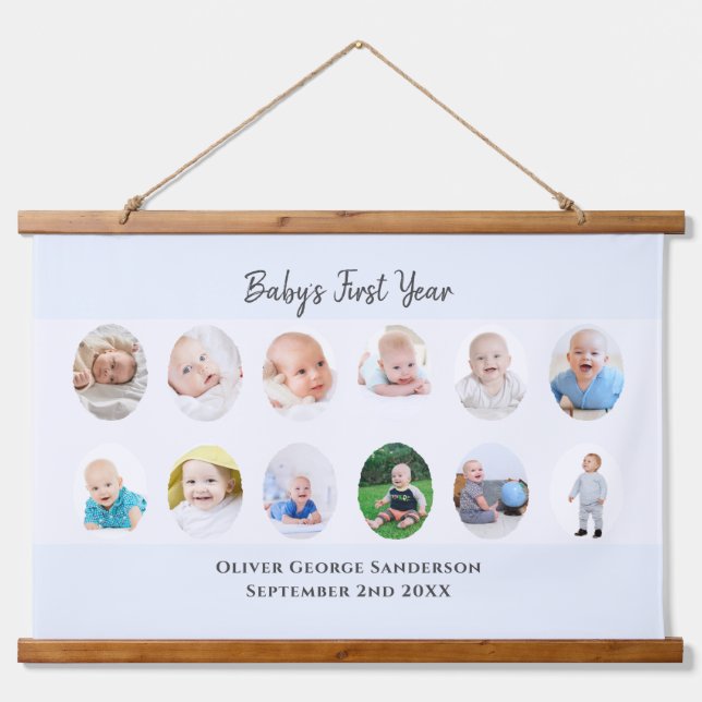 Minimalist Baby's First Year Blue 12 Photo Collage Hanging Tapestry (Front)