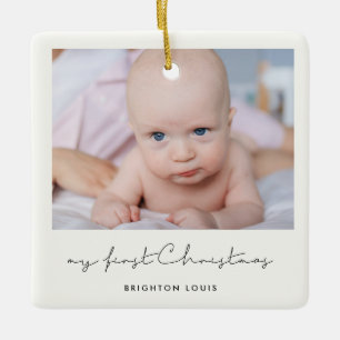 Minimalist Baby's My First Christmas photo Ceramic Ornament