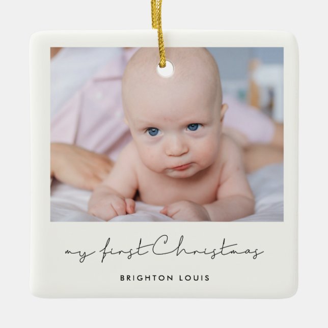 Minimalist Baby's My First Christmas photo Ceramic Ornament (Front)