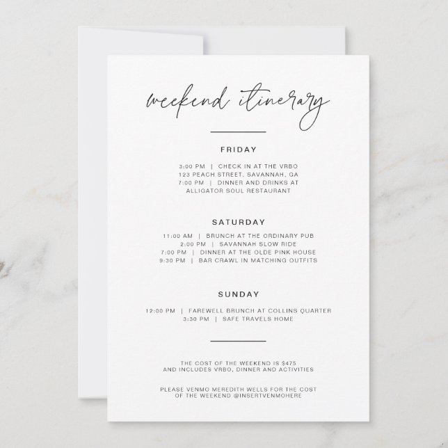 Minimalist Bachelorette Weekend Invite + Itinerary (Back)