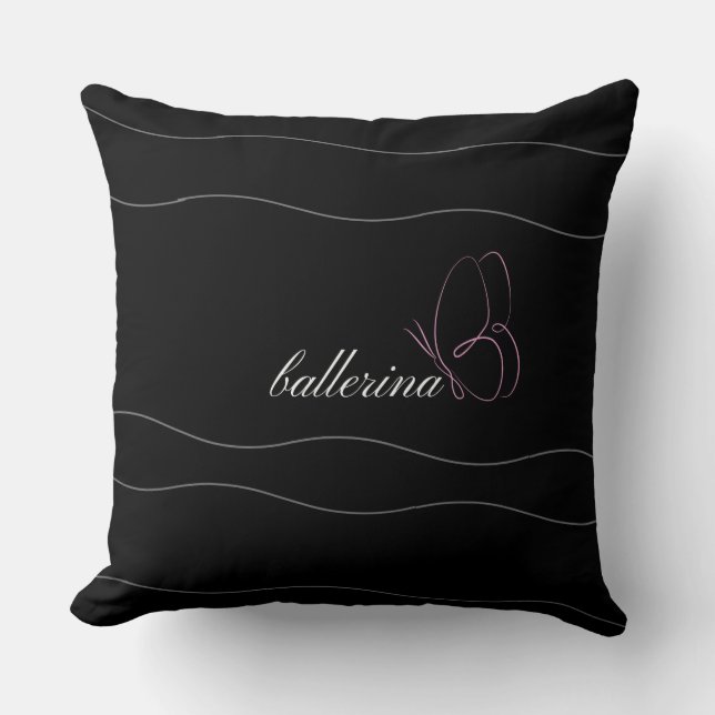Minimalist Ballerina & Pink Butterfly Black Cushion (Front)