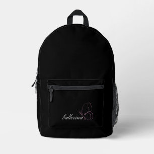 Minimalist Ballerina & Pink Butterfly Black Printed Backpack