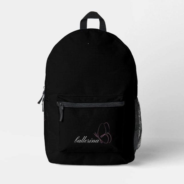 Minimalist Ballerina & Pink Butterfly Black  Printed Backpack (Front)