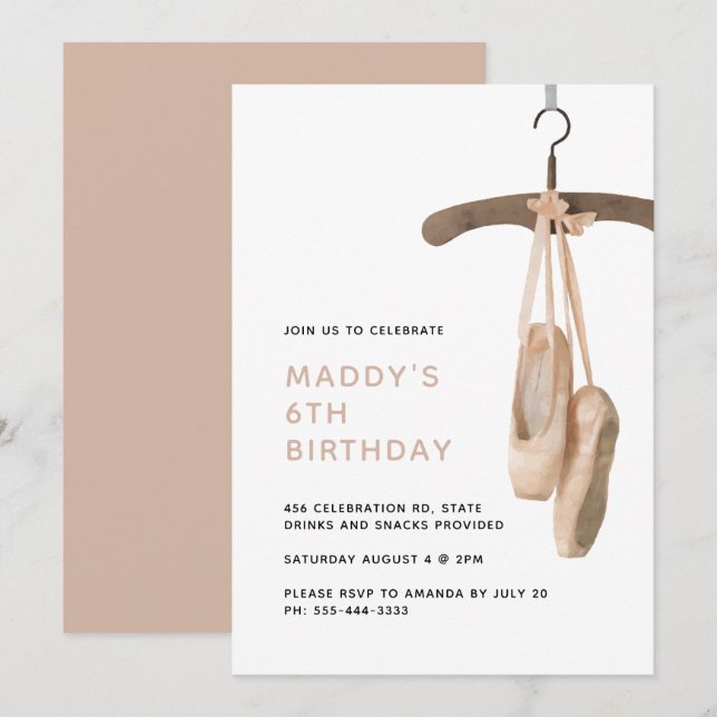 Minimalist Ballet Shoes Ballerina 6th Birthday  Invitation (Front/Back)