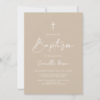 Minimalist Baptism Beige Neutral  Invitation
