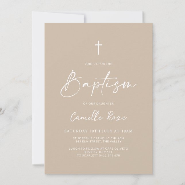 Minimalist Baptism Beige Neutral  Invitation (Front)
