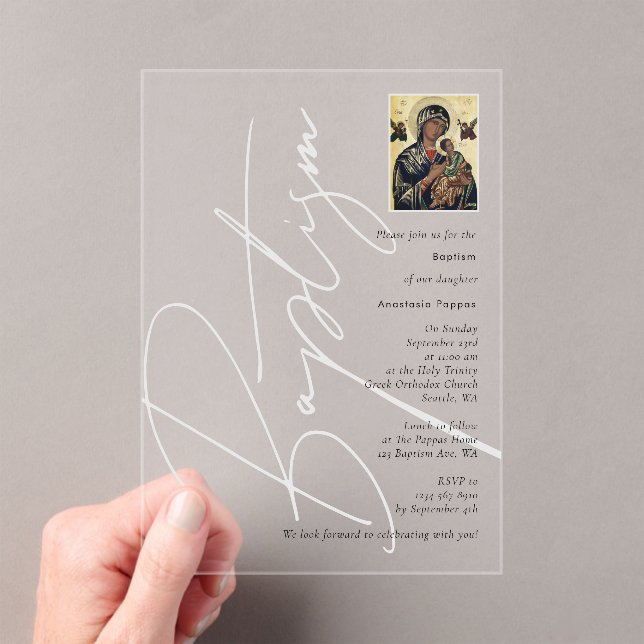 Minimalist Baptism Christening Greek Orthodox  Acrylic Invitations (Insitu (Handheld))