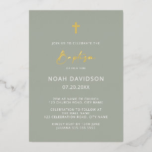 Minimalist Baptism Grey Green & Gold Foil