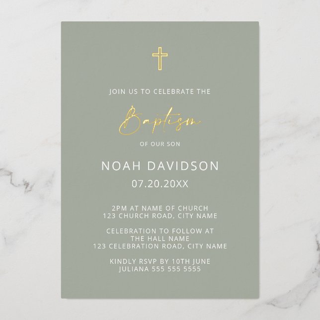 Minimalist Baptism Grey Green & Gold Foil (Front)