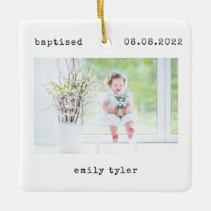 Minimalist Baptism Photo Keepsake Ceramic Ornament