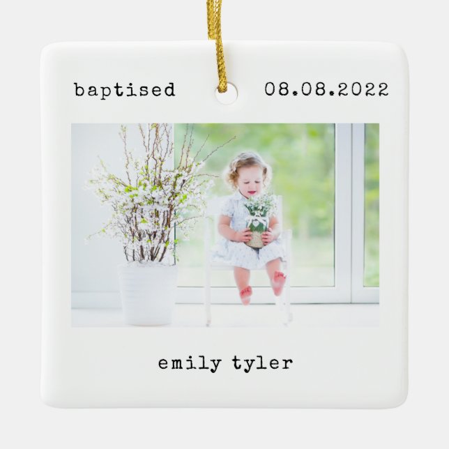 Minimalist Baptism Photo Keepsake Ceramic Ornament (Front)