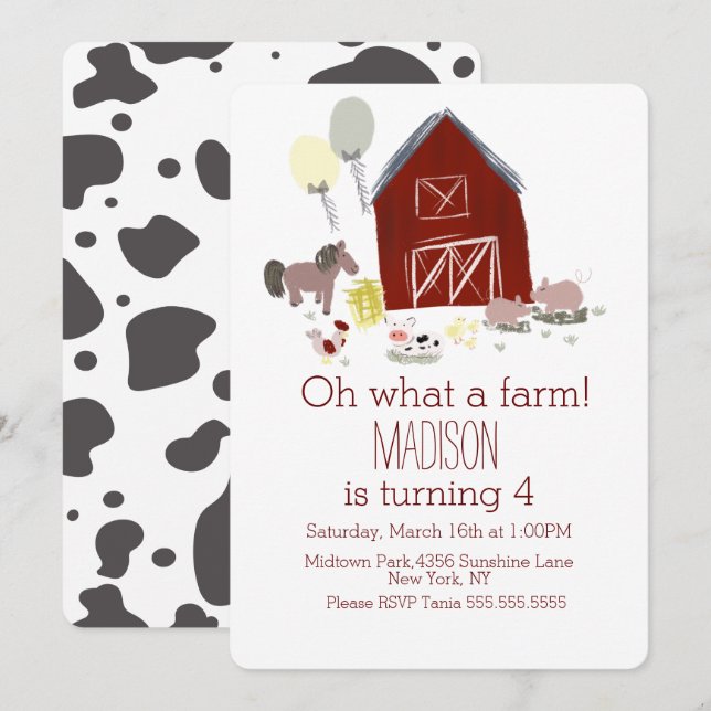 Minimalist Barn Animals Farm Birthday Horse Cow Invitation (Front/Back)
