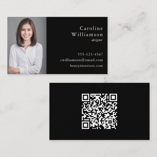 Minimalist Basic Black White Professional Photo QR Business Card (Front/Back)