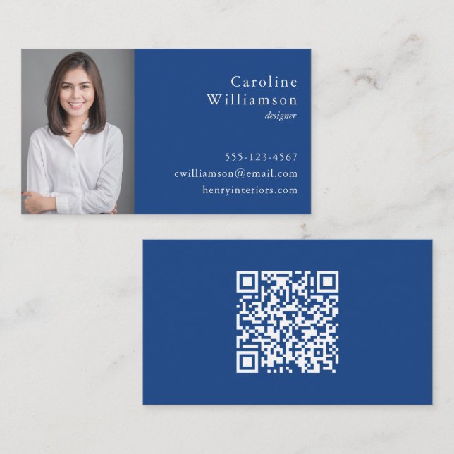 Minimalist Basic Cobalt Blue Professional Photo QR Business Card (Front/Back)