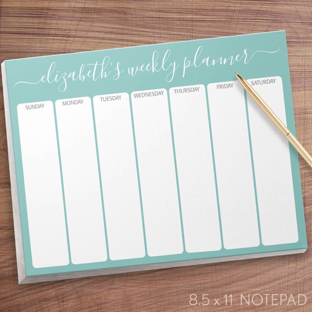 Minimalist Basic Weekly Planner modern script aqua Notepad (Weekly Planner Notepad - Personalized)