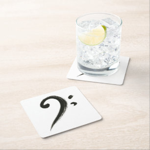 Minimalist Bass Clef – Ink Brush Music Symbol on Square Paper Coaster
