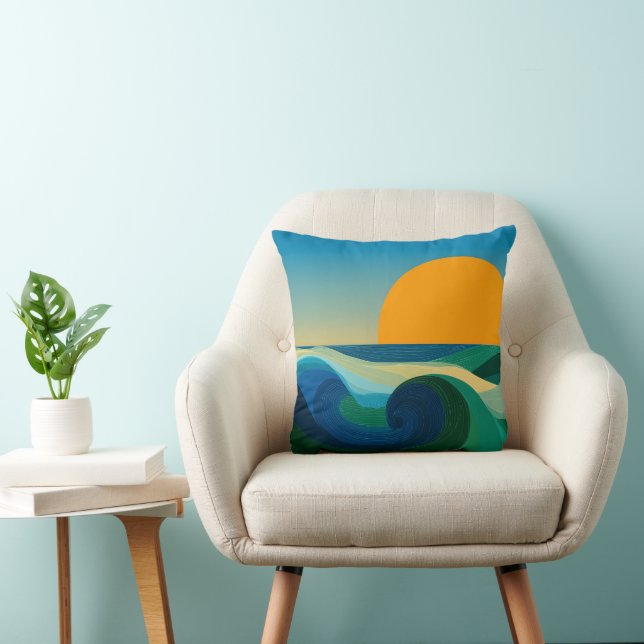 Minimalist Bauhaus Ocean Wave Sunset Throw Pillow (Chair)