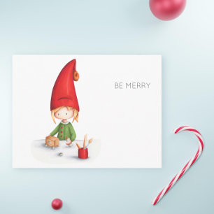 Minimalist Be Merry Elf Making Toys Christmas Postcard