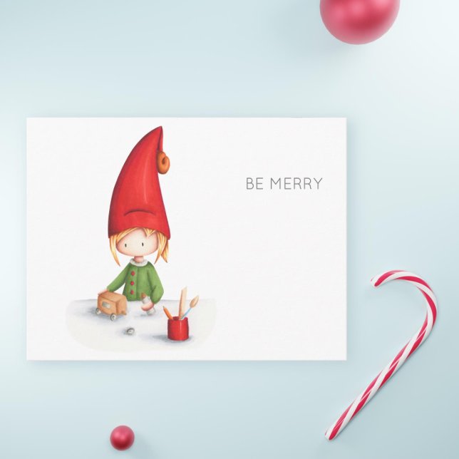 Minimalist Be Merry Elf Making Toys Christmas Postcard (Creator Uploaded)
