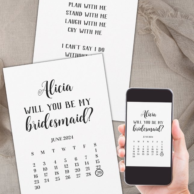 Minimalist Be My Bridesmaid Calendar Proposal Invitation (save the date calendar bridesmaid proposal minimalist, will you be my bridesmaid card)