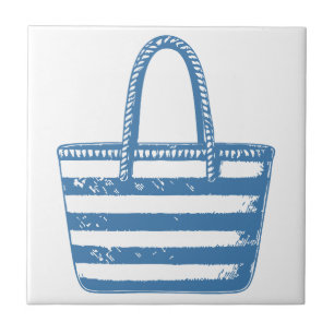 Minimalist Beach Bag Line Art Blue Outline Coastal Tile