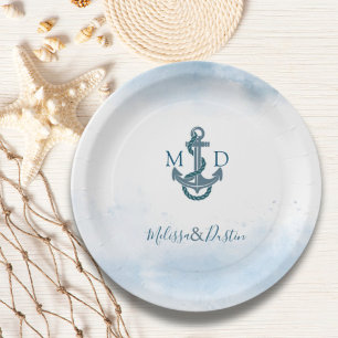 Minimalist Beach Blue Anchor Nautical Wedding  Paper Plate