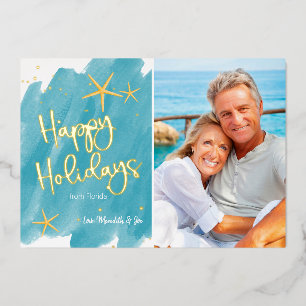 Minimalist Beach Watercolor Happy Holidays Foil Holiday Card