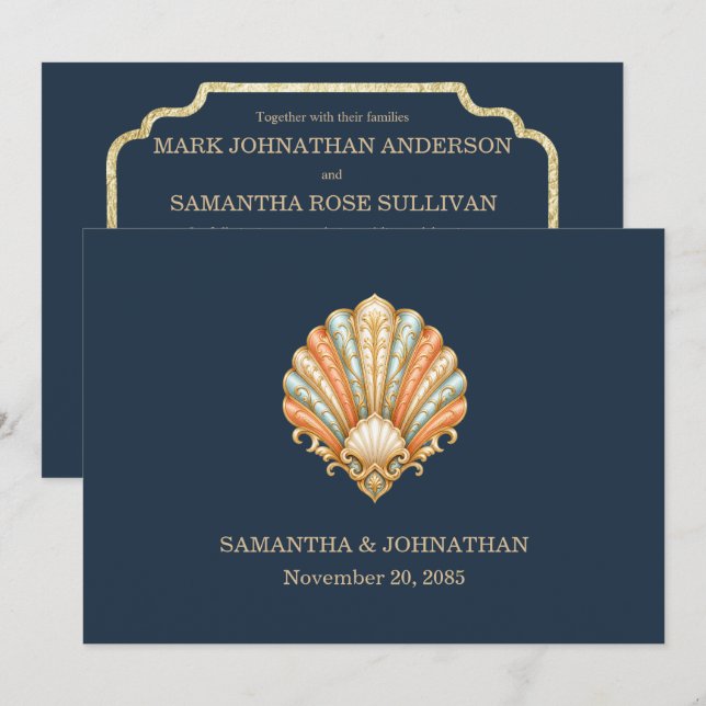 Minimalist beach wedding luxury seashell invitation (Front/Back)